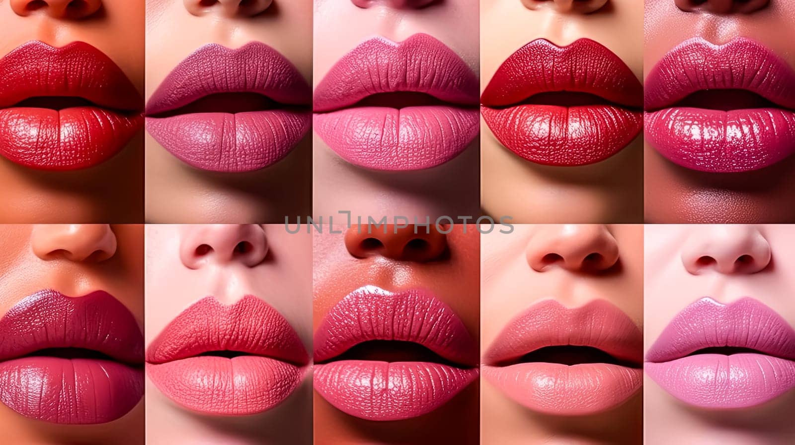 A row of lips with different shades of pink lipstick. The lips are arranged in a grid pattern, with each row and column featuring a different shade of pink. Concept of variety and diversity