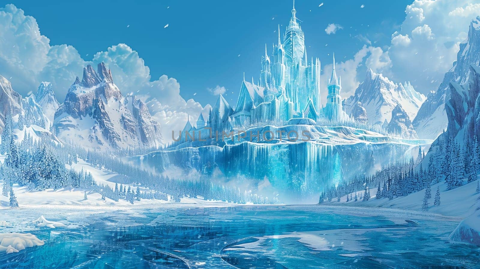 A castle is shown in the distance with a frozen lake in front of it. The castle is surrounded by snow and ice, giving it a cold and desolate appearance