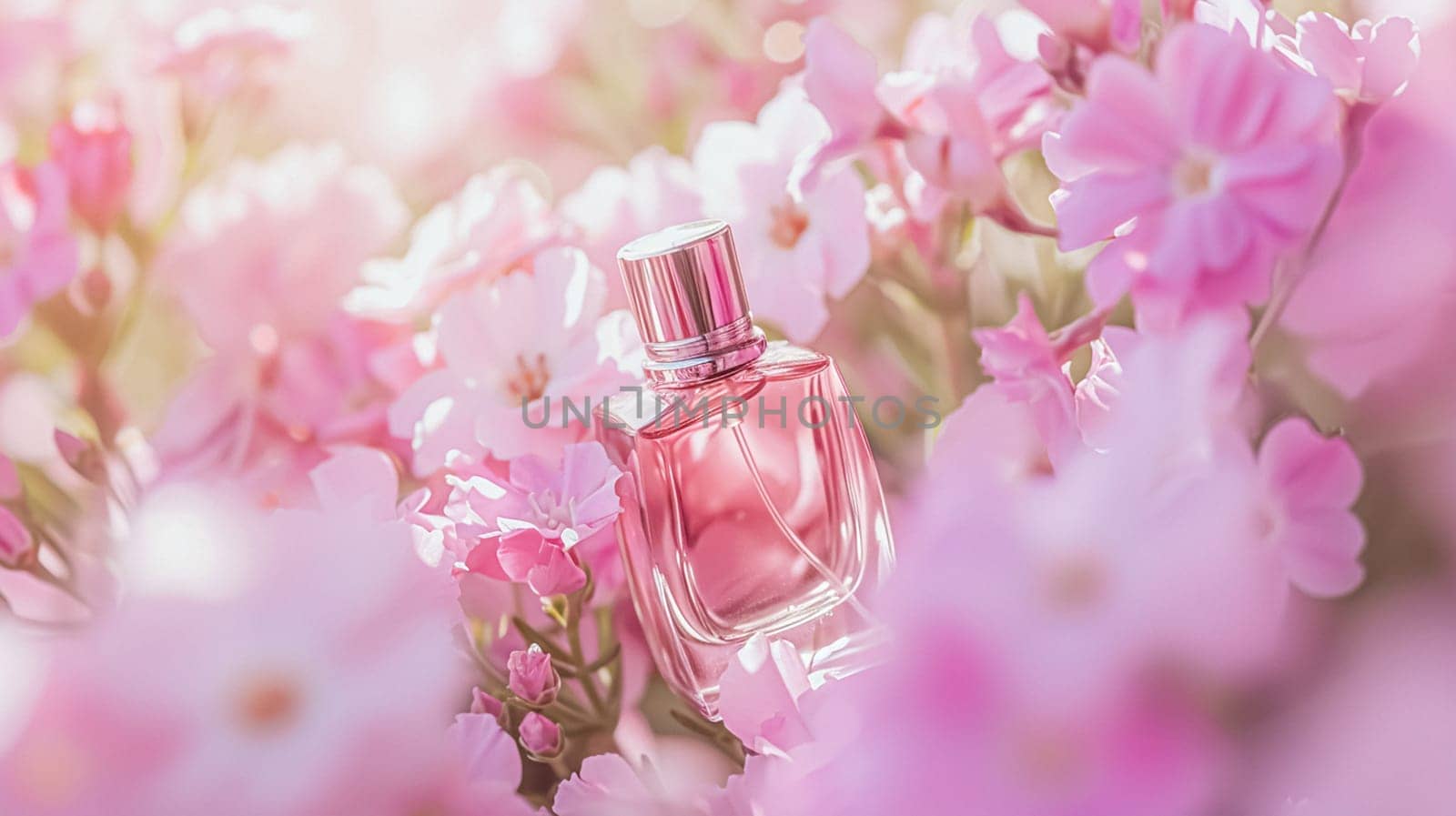 Perfume bottle with beautiful flowers. Floral background. Beauty concept. Flat lay, top view.