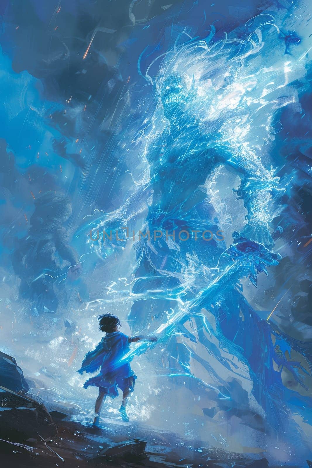 A young boy is standing in front of a giant blue monster. The monster is holding a sword and he is a guardian or protector. The scene is set in a fantastical world, with the sky