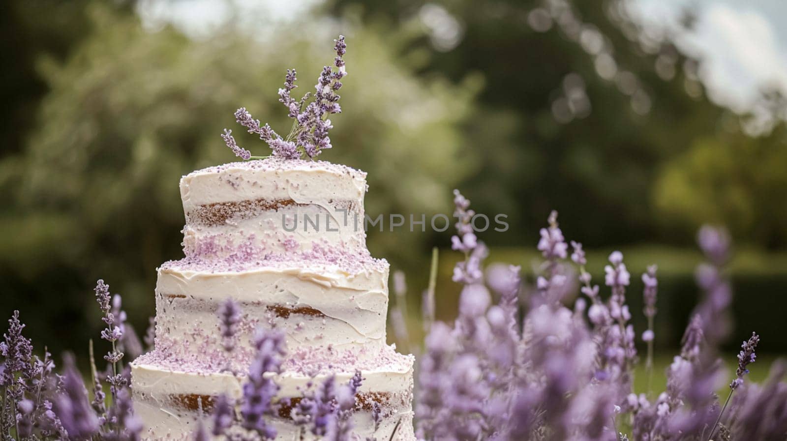Wedding cake with lavender flowers. Festive table decoration.