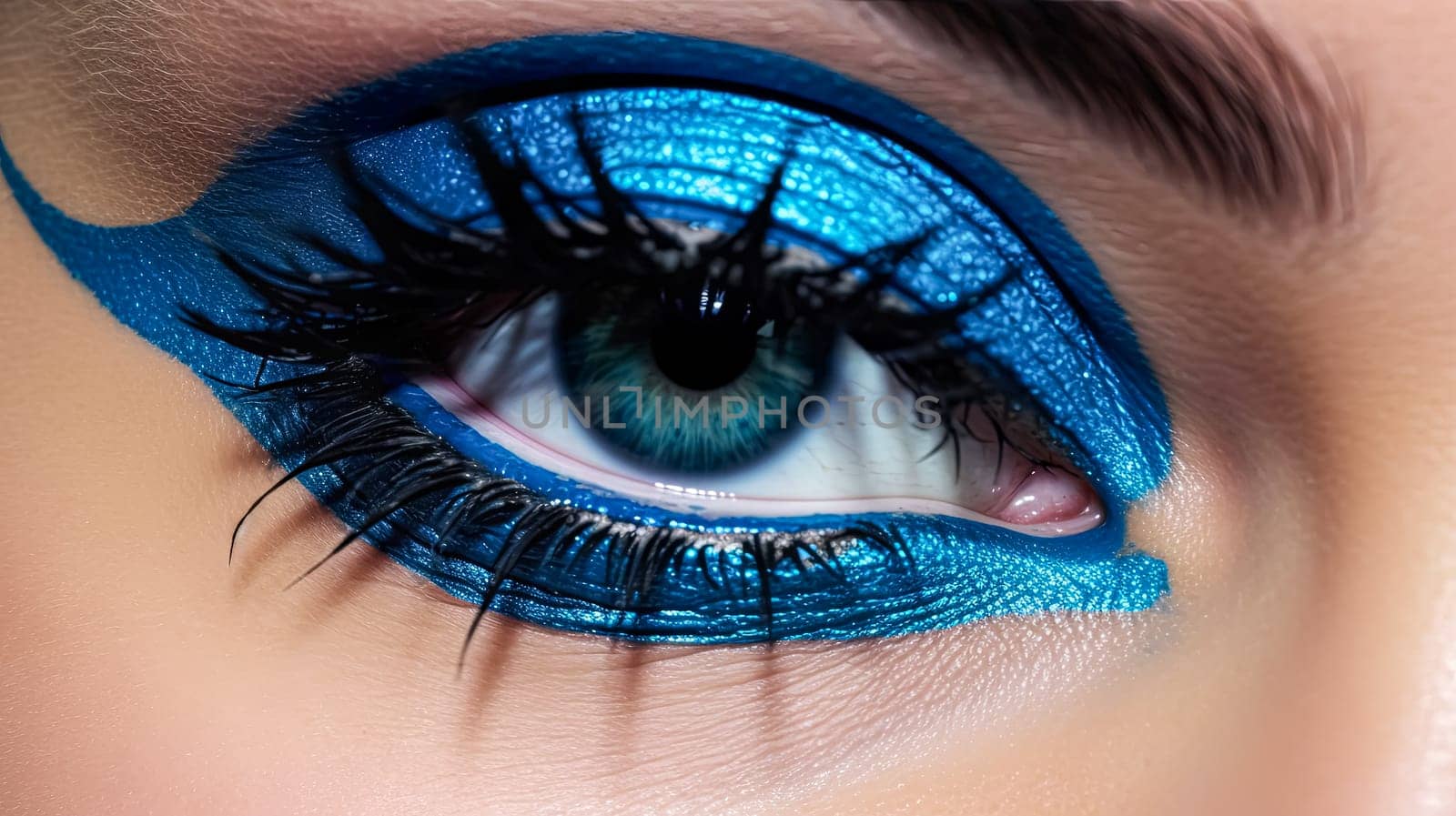 A woman's eye is painted with a colorful design. The colors are bright and bold, creating a fun and playful look. The eye makeup is likely inspired by a street art or graffiti style