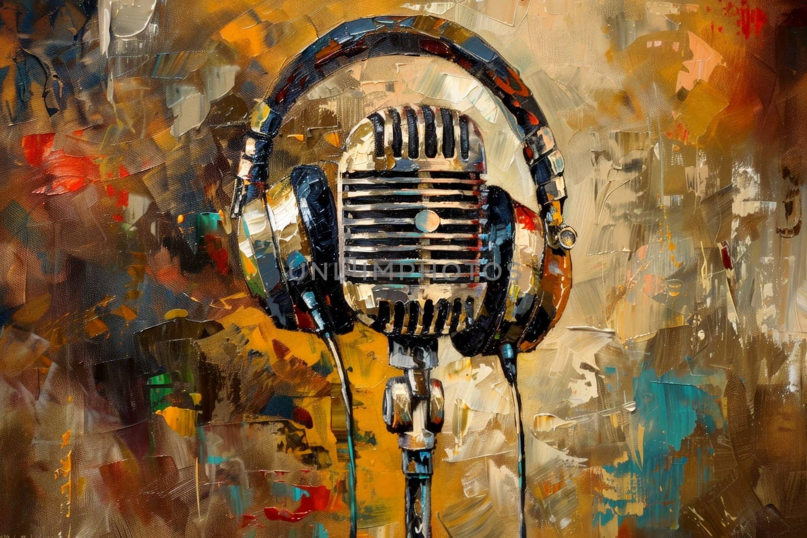 Vintage art microphone with headphones set against a isolated background in a music studio..