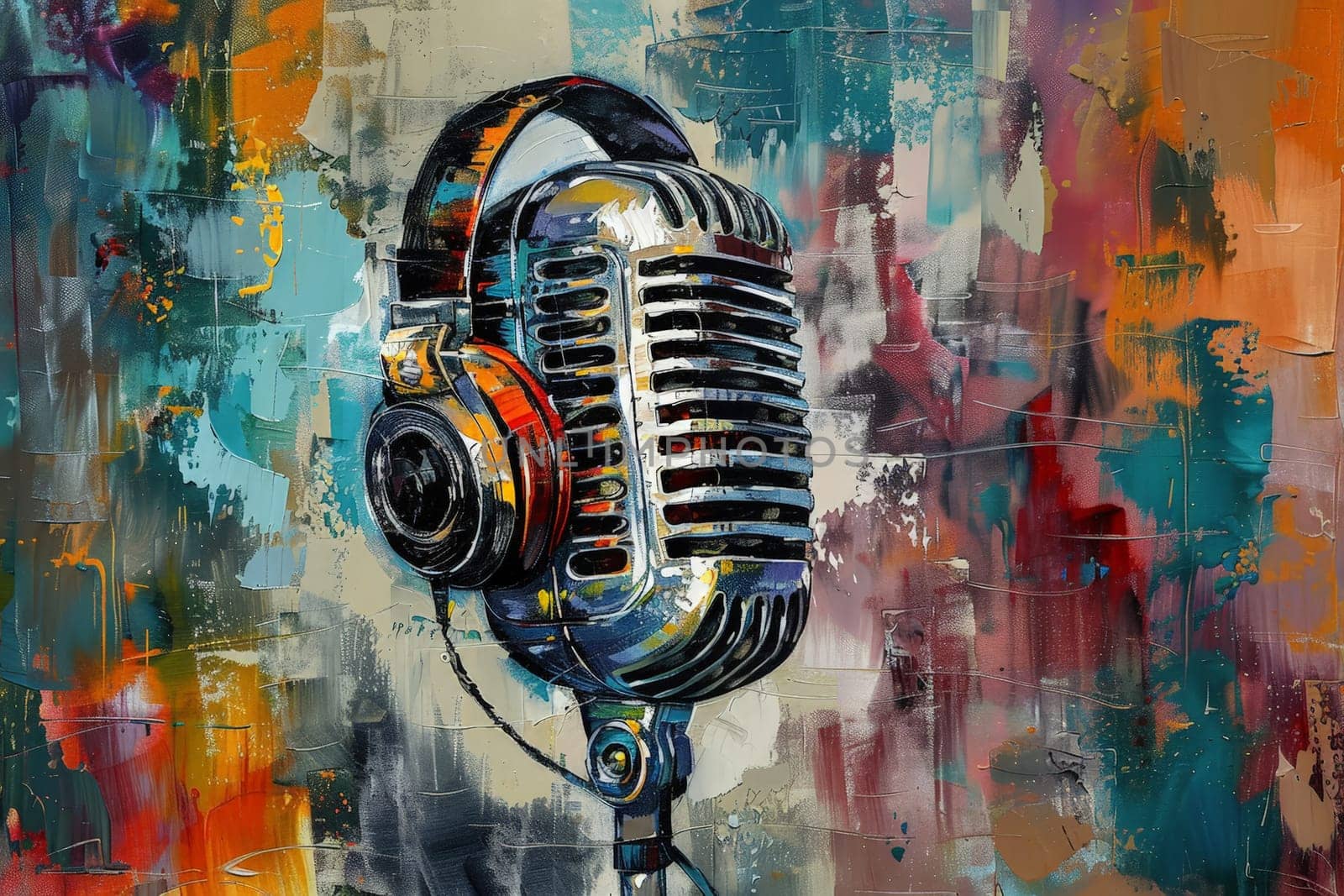 Vintage art microphone with headphones set against a isolated background in a music studio..