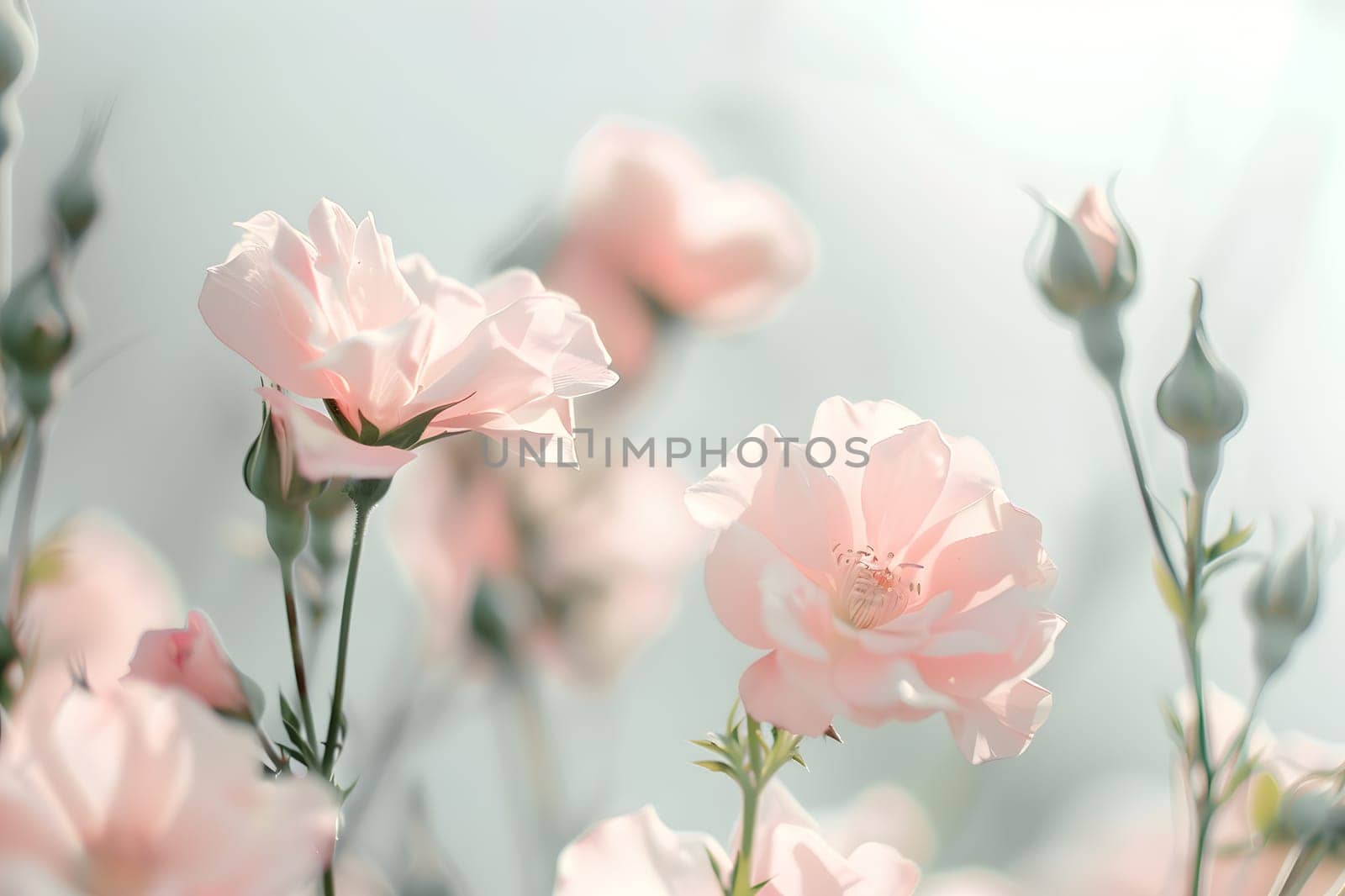 A beautiful display of pink flowers belonging to the Rose family is flourishing in a field, showcasing the delicate petals of flowering plants in shades of peach and pink