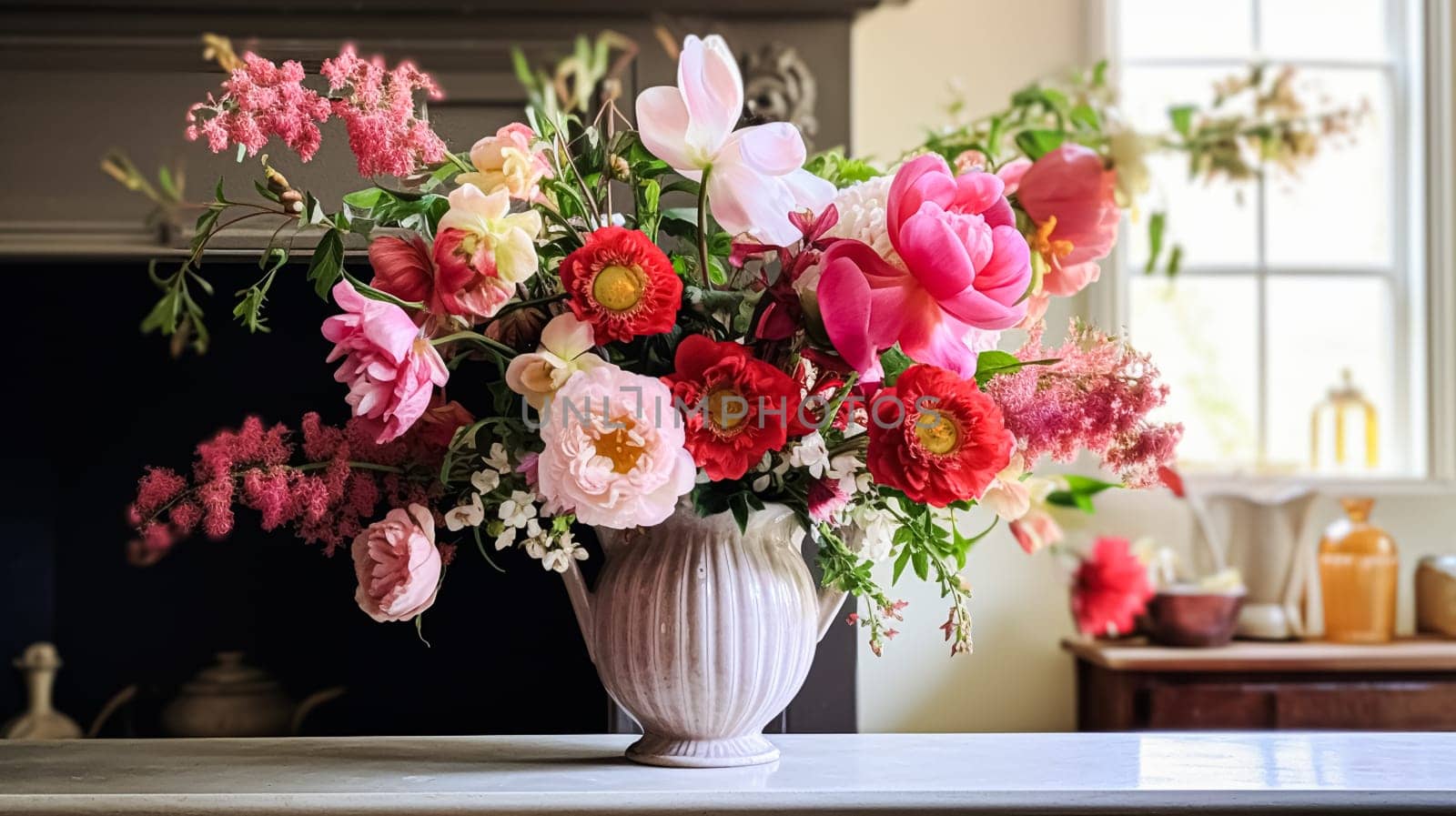Beautiful bouquet of flowers in a vase on the windowsill. AI generated
