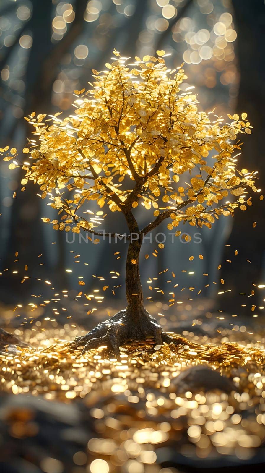 A beautiful deciduous tree with yellow leaves stands out in the middle of the forest, adding a burst of color to the natural landscape