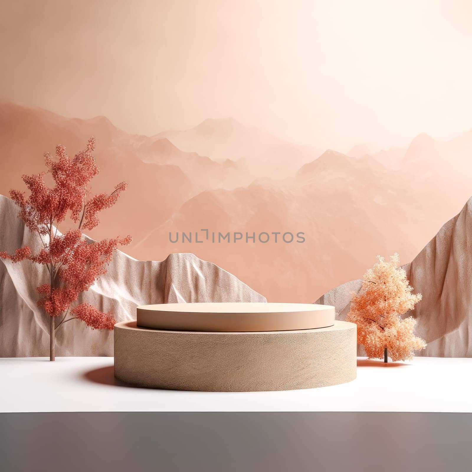 A model of a mountain scene with a tree and a stone pedestal. The scene is set in a warm, orange-toned room with a mountain backdrop