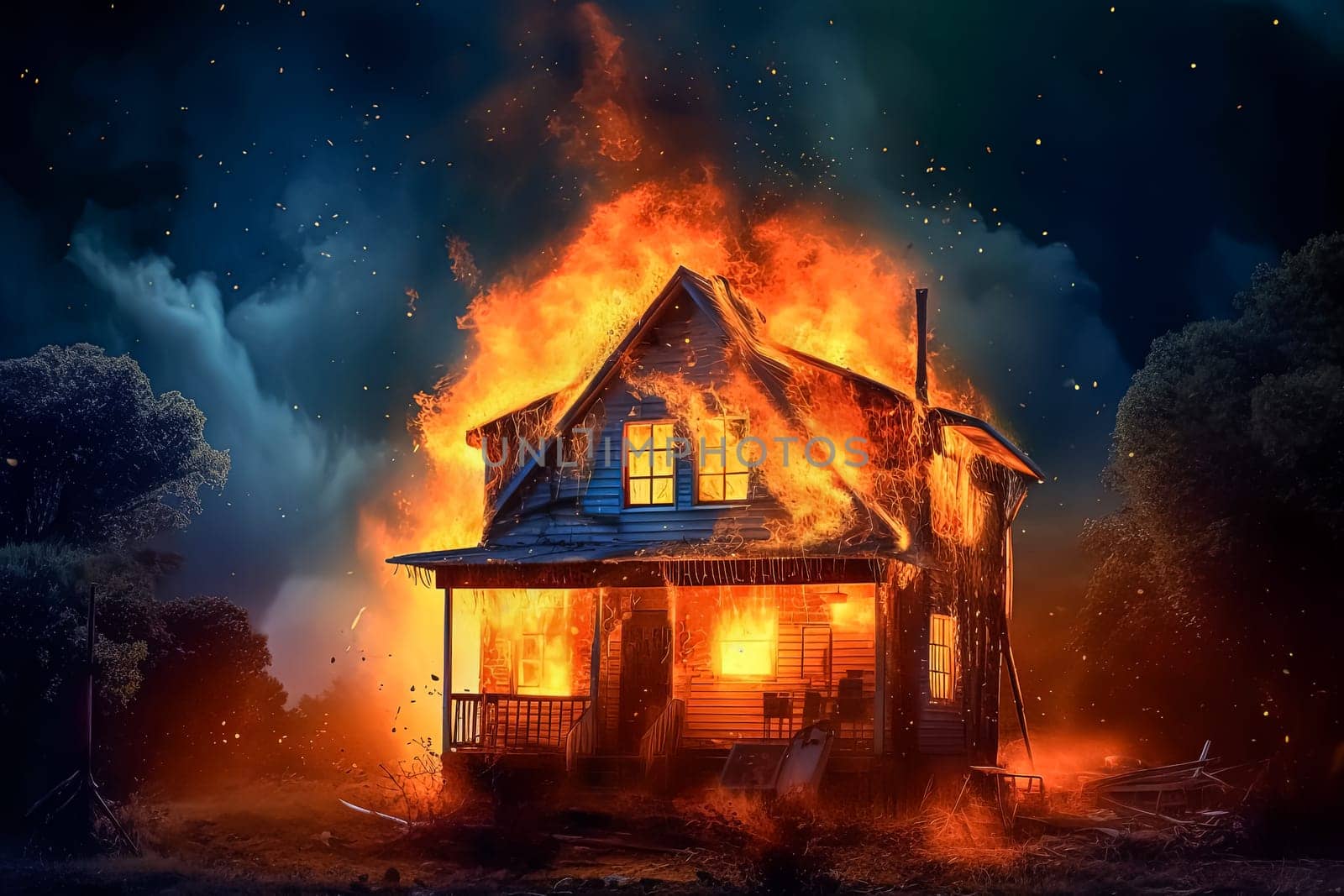 A house is on fire in a desolate area. The fire is so intense that it is almost impossible to see the house. Scene is one of destruction and despair