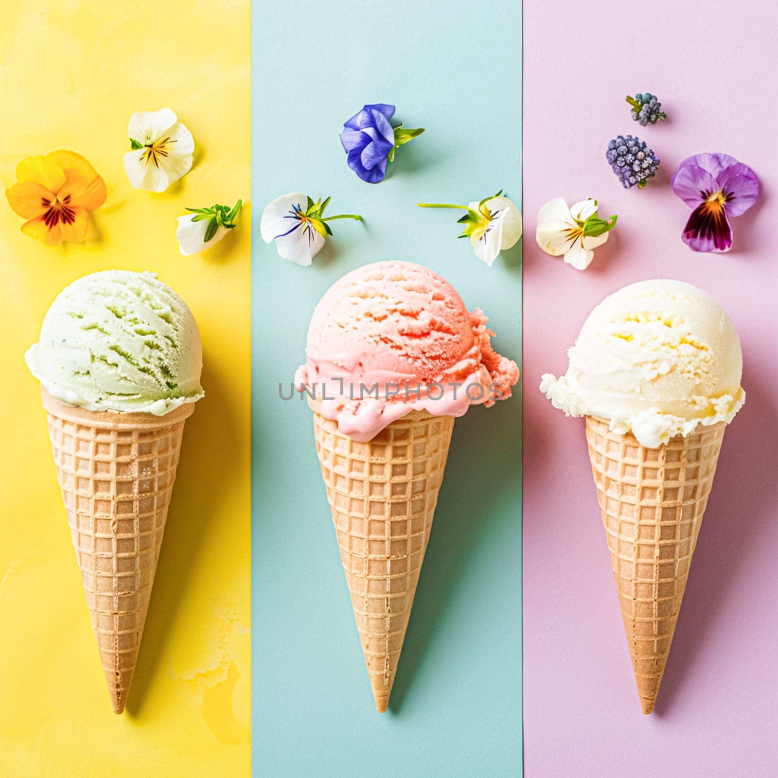 Scoops of ice cream in a waffle cones on a colorful background