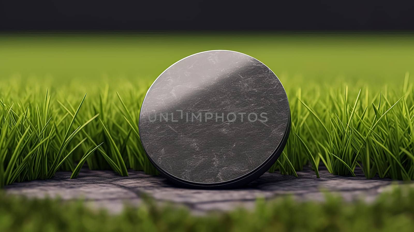 A black and grey object is sitting on a green field. The object is round and has a shiny surface. The field is lush and green, with no visible signs of wear or damage. Concept of calm and tranquility