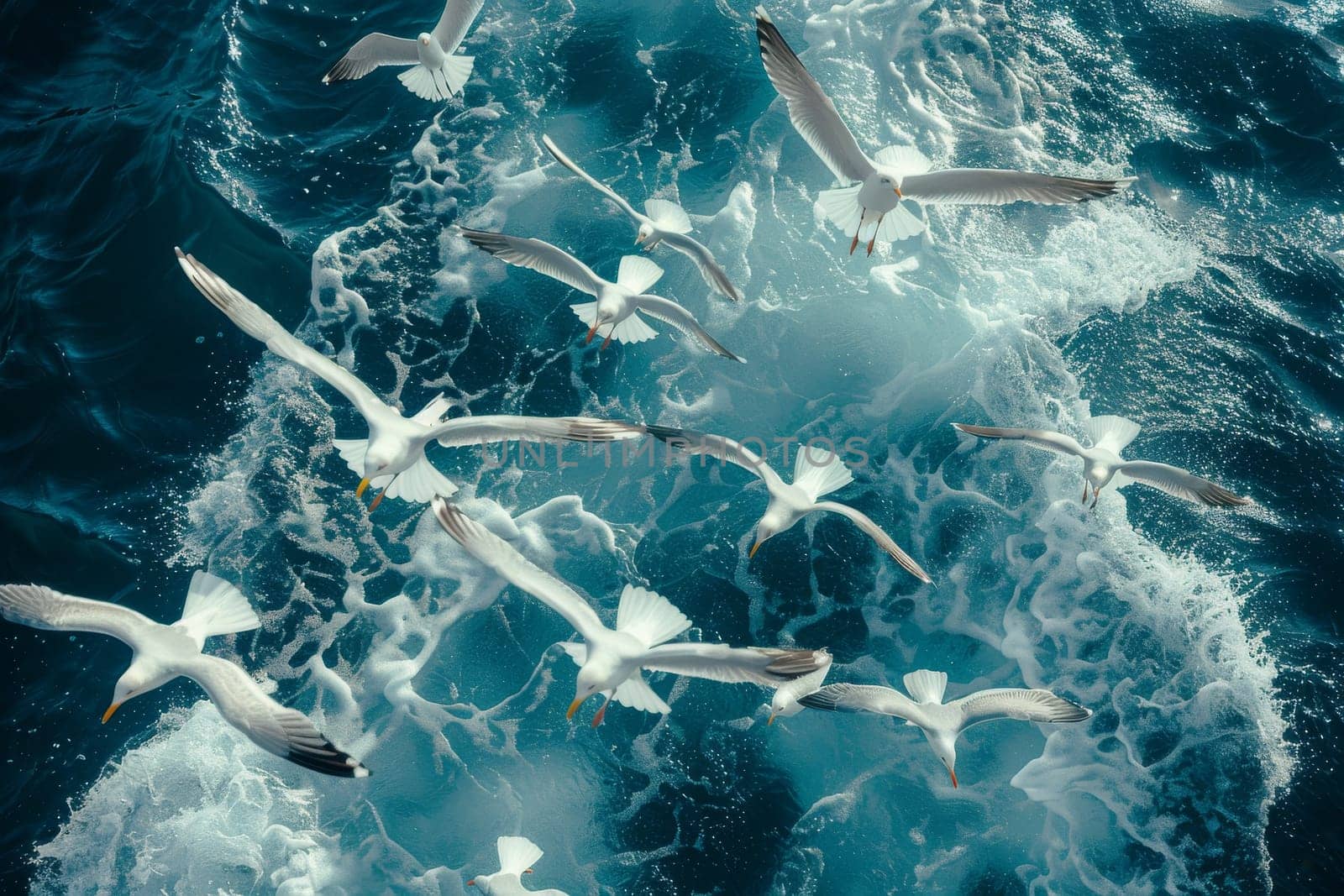 A flock of seagulls flying over the ocean. The birds are white and the water is blue