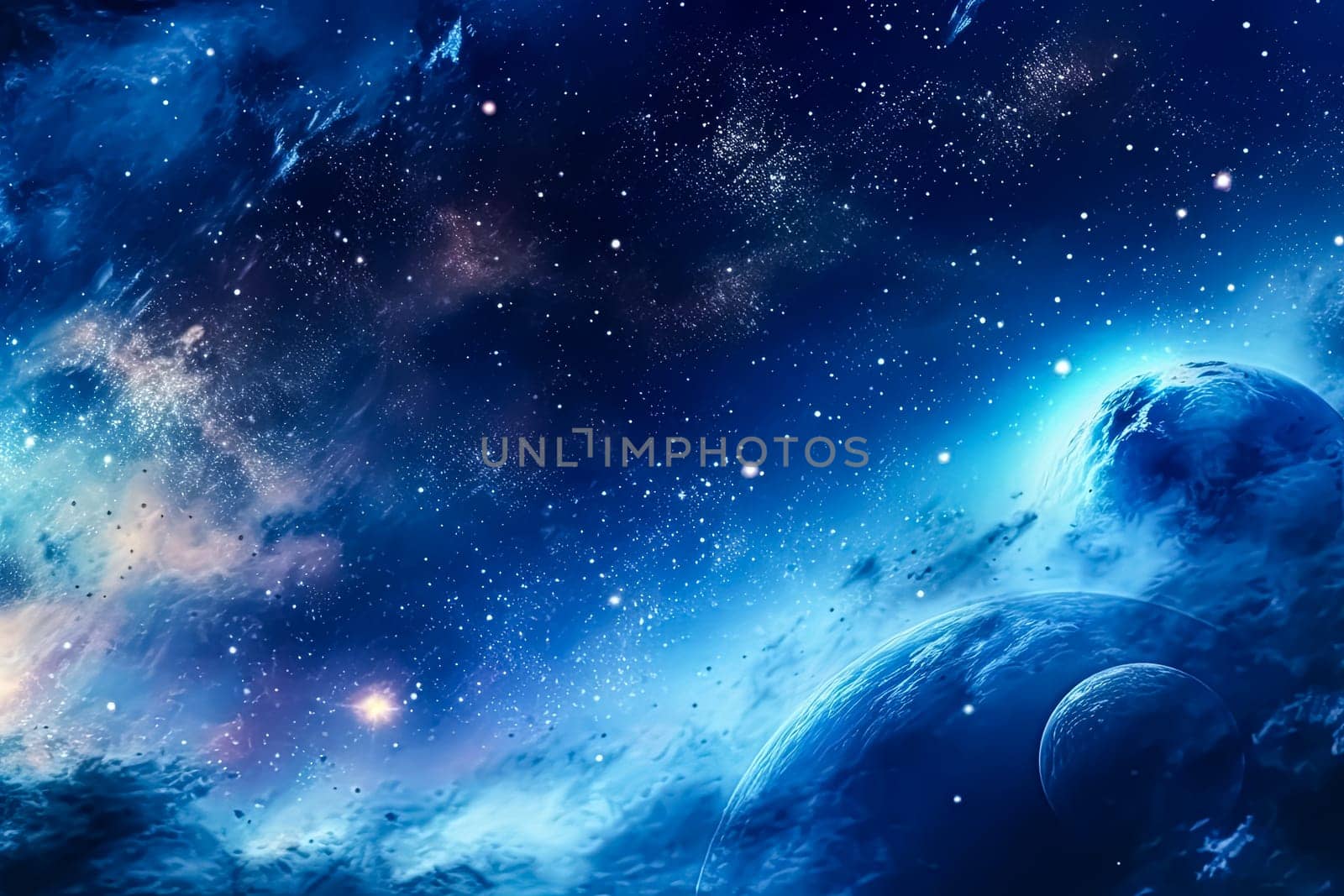 A blue and white space with two planets and a lot of rocks. The planets are in the middle of the image and the rocks are scattered around them. Scene is calm and peaceful, as the planets