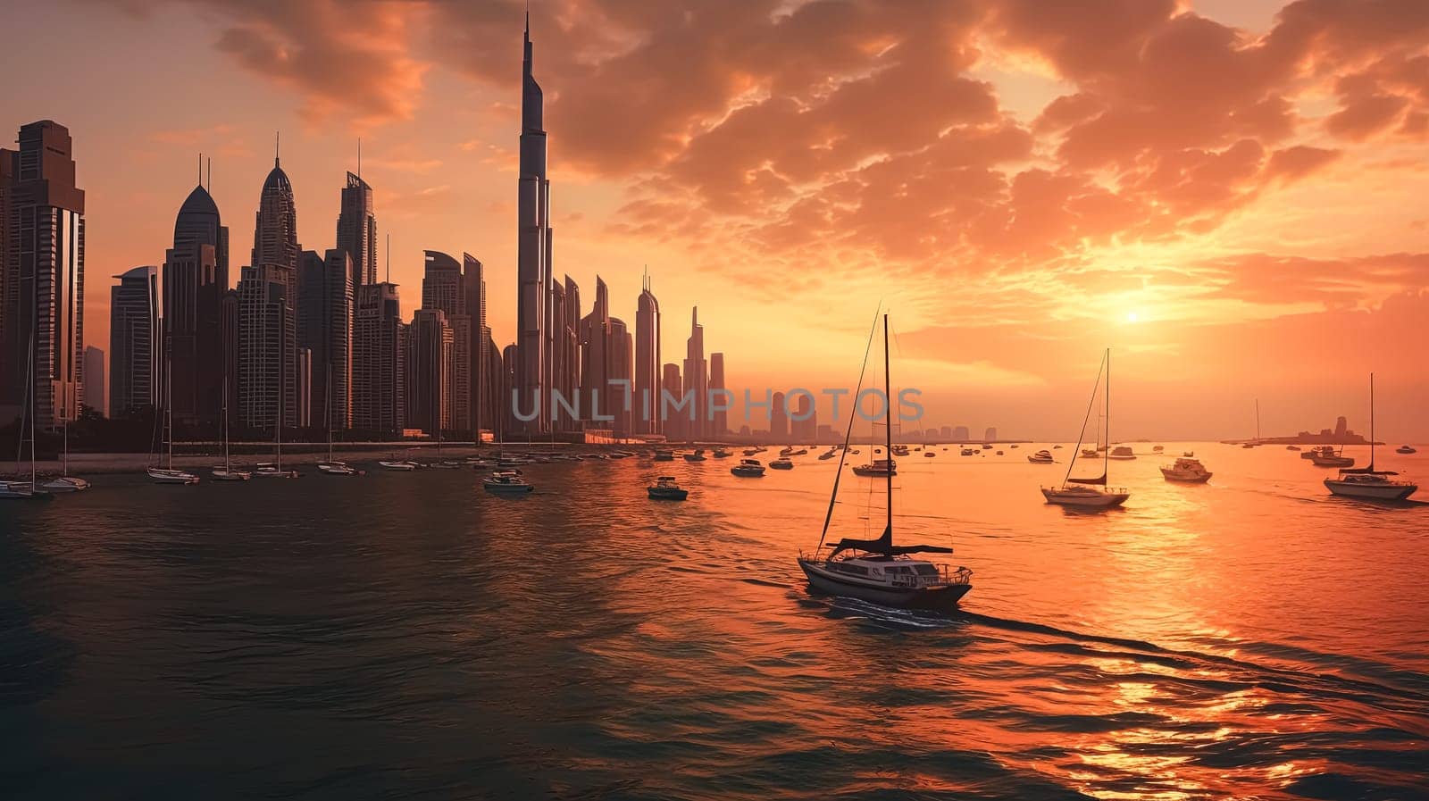 A boat is sailing in the ocean near a city skyline. The sky is orange and the sun is setting