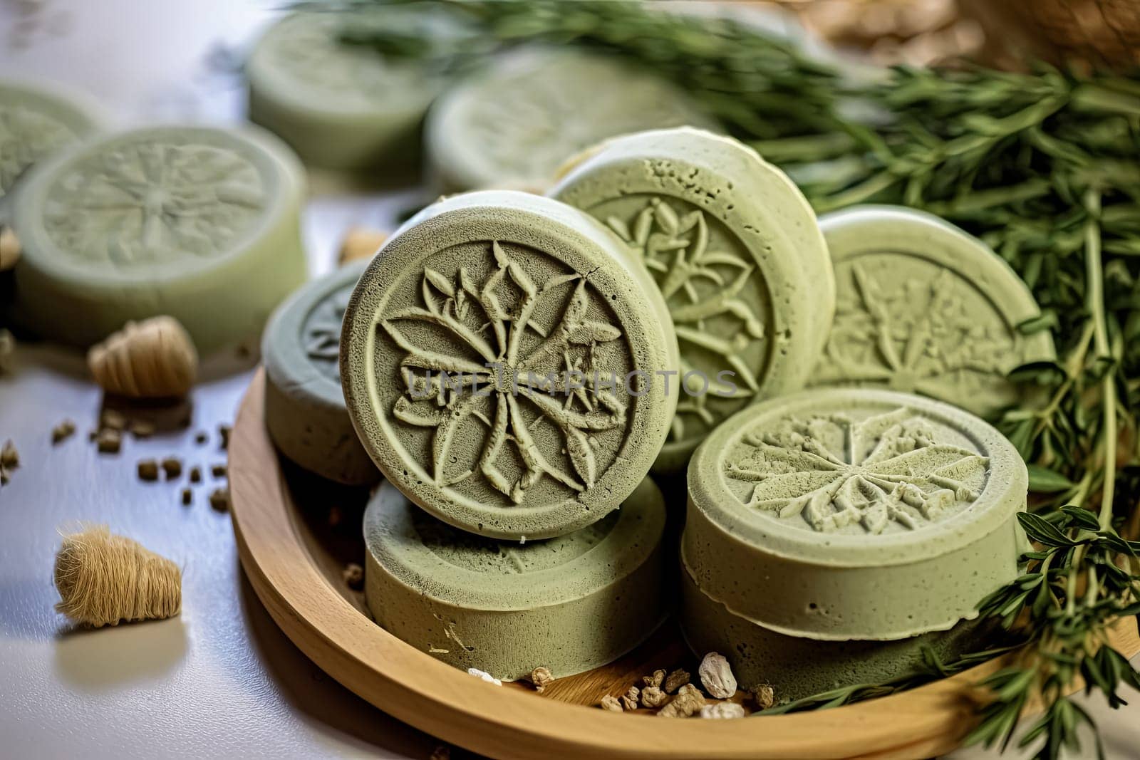 A stack of green bath bombs with a cross on them. The bath bombs are piled on top of each other on a wooden table