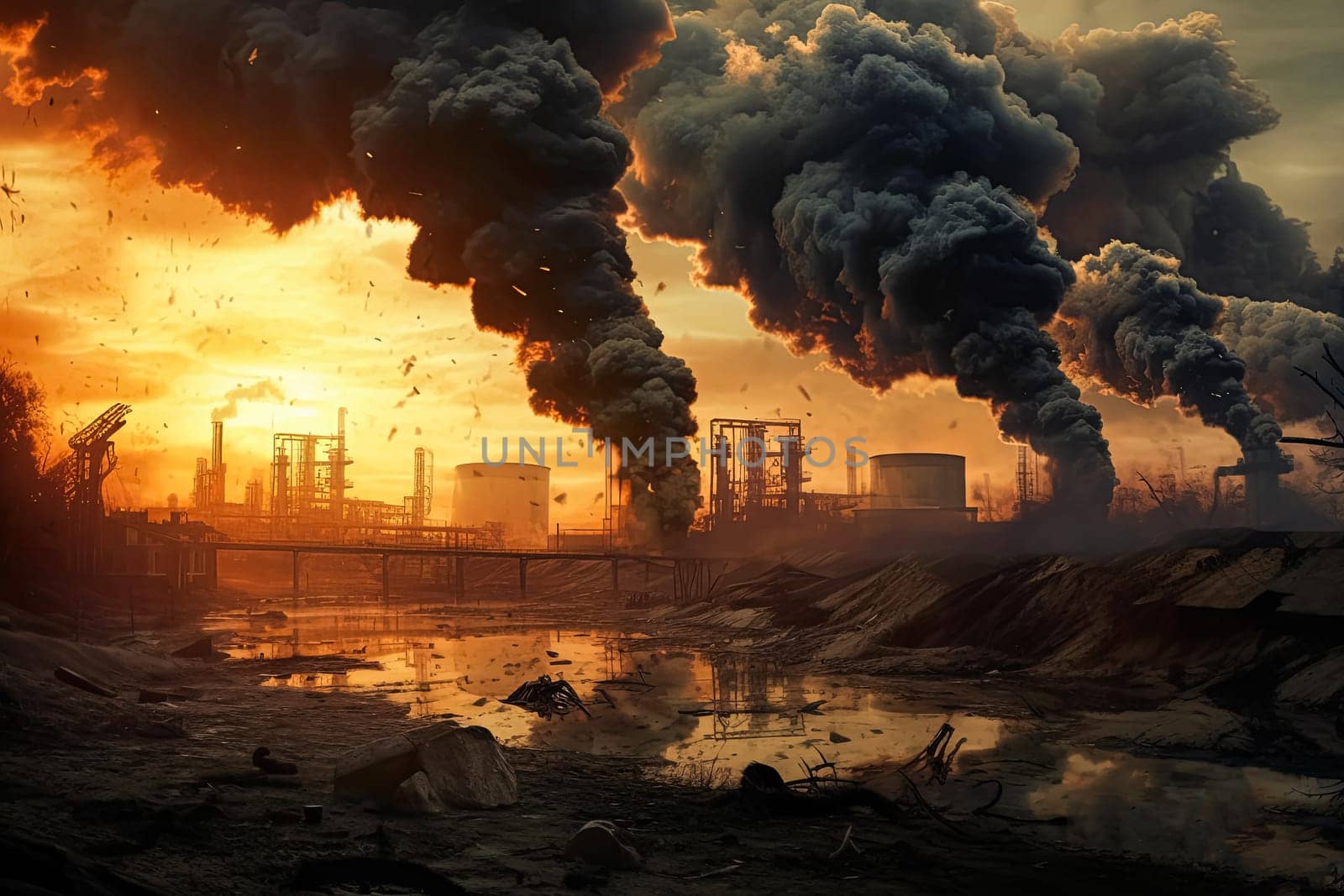 A large industrial plant is spewing smoke into the air. The sky is dark and the water is murky. The scene is bleak and foreboding
