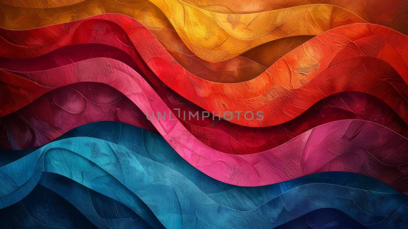 A colorful, abstract painting with a blue stripe. The painting is full of vibrant colors and has a sense of movement