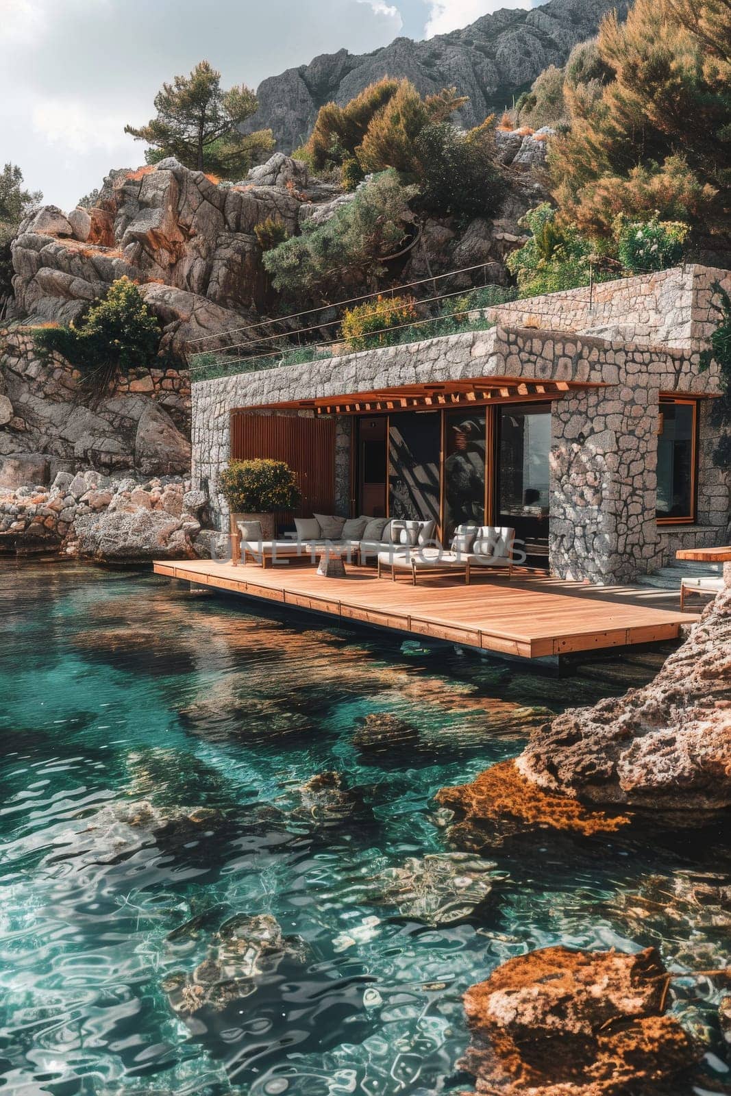 A beautiful beach house with a pool and a large body of water in the background. The water is crystal clear and the rocks surrounding the pool add to the serene atmosphere