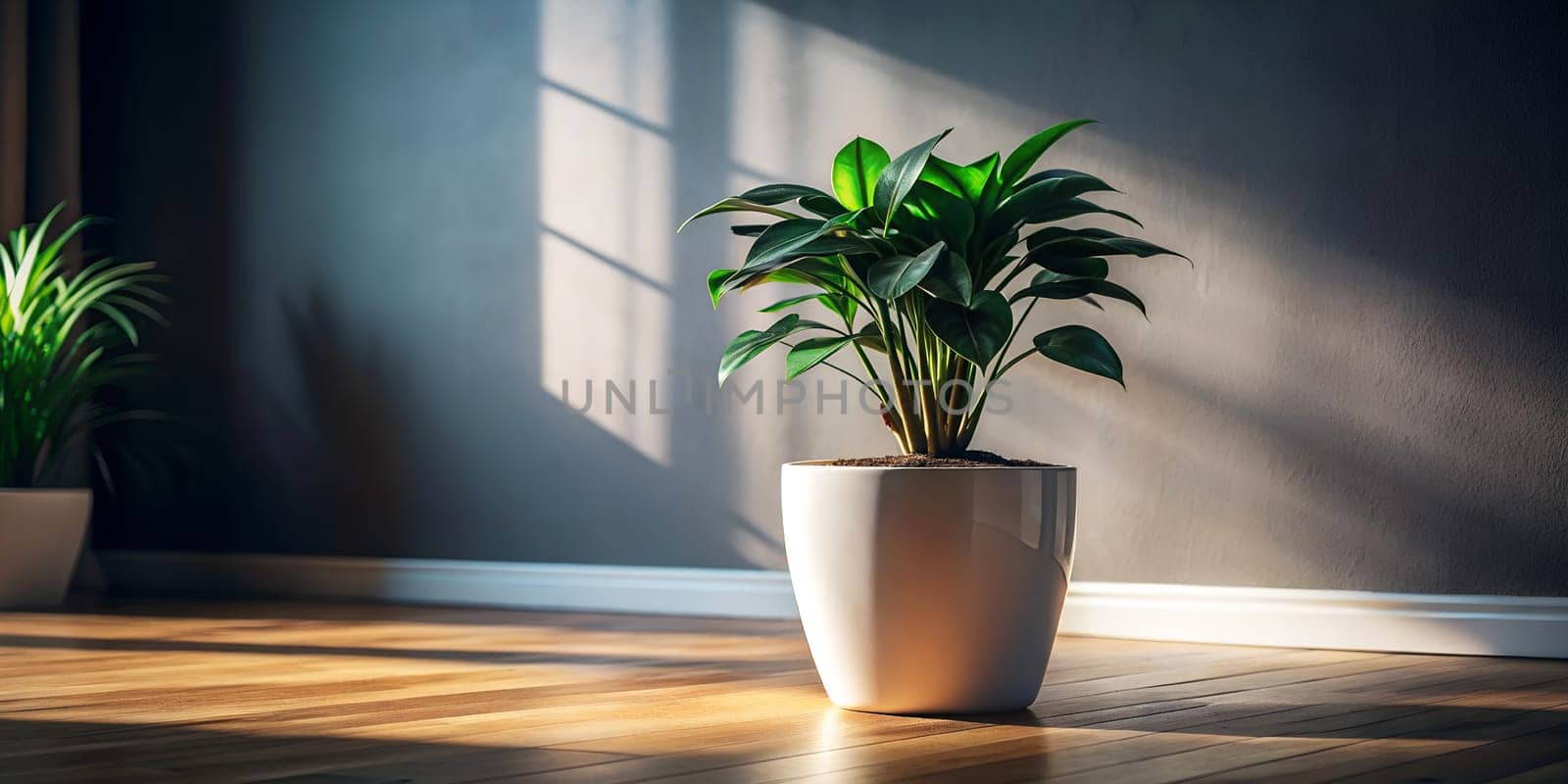 Plant in pot stands on the floor in dark room and rays of light penetrate through the window, white dark background, space for insertion, horizontal banner. Generated AI. High quality photo