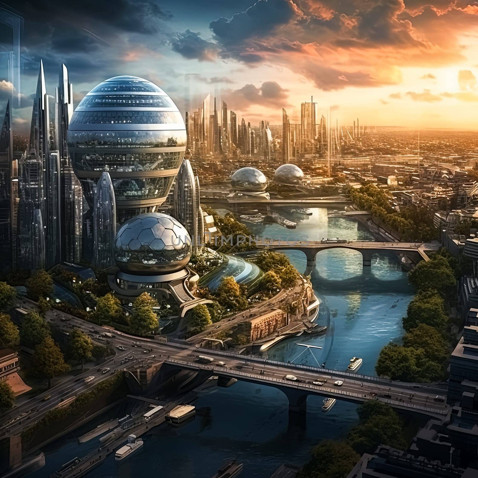 A futuristic city with tall buildings and a bridge. The city is filled with people and cars, and there are many buildings with domes. The sky is blue and there are clouds