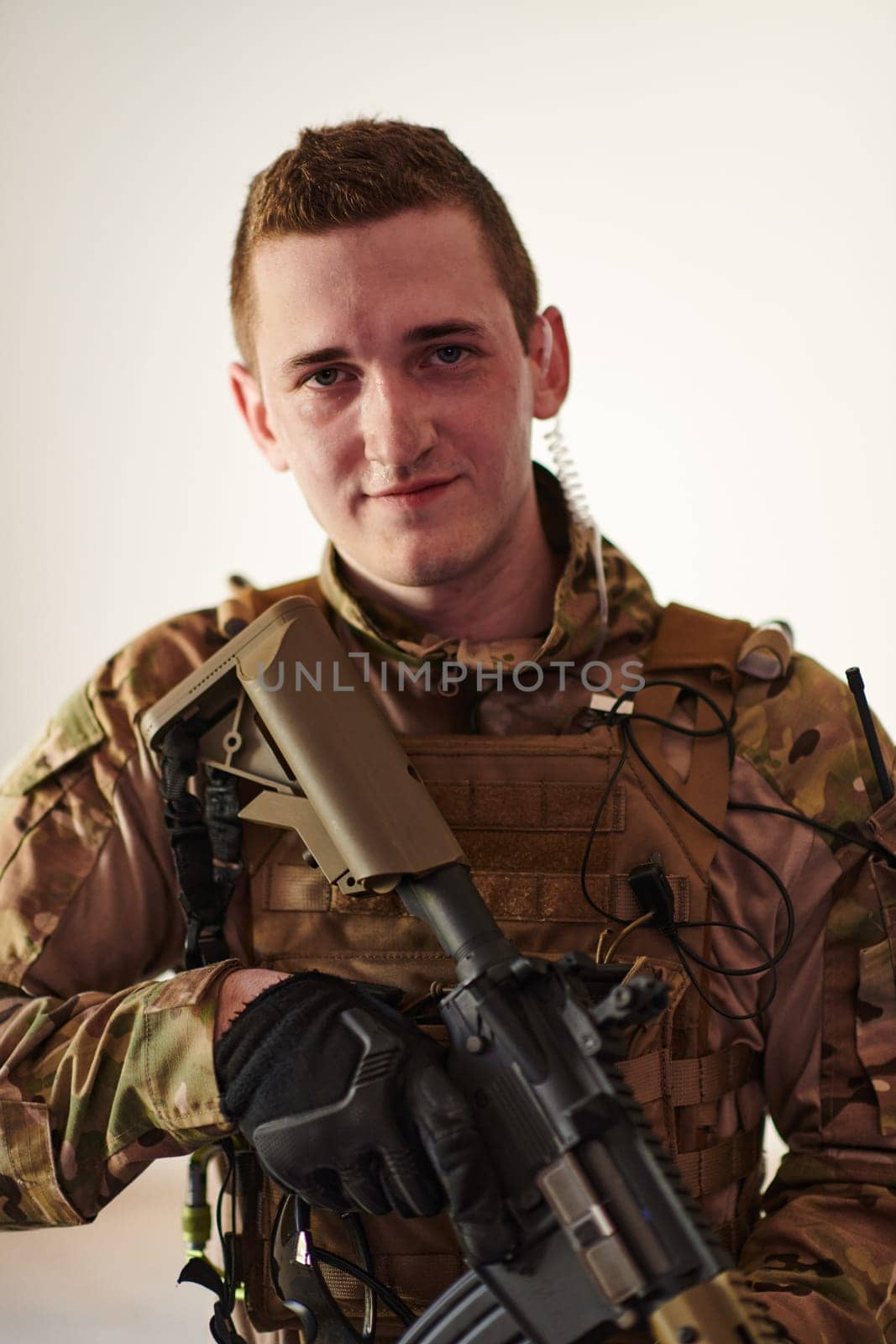 Modern warfare soldier portrait in urban environment.