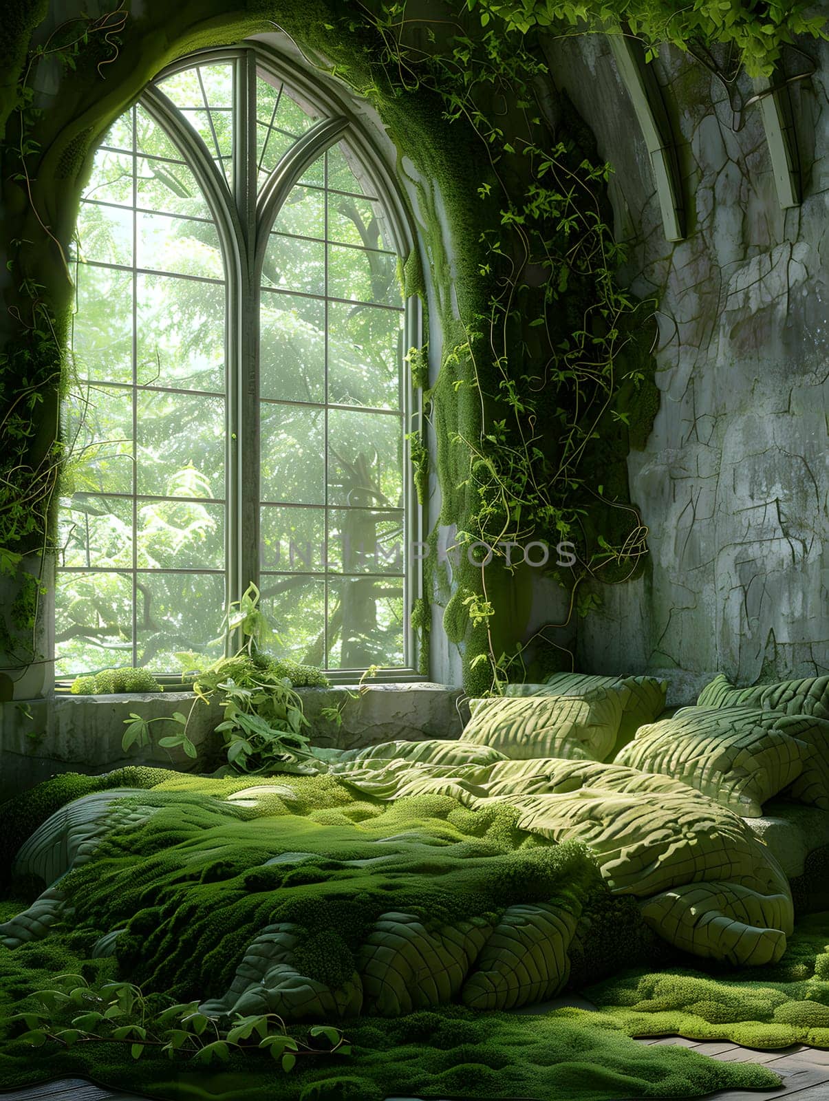 A room with a bed and a window covered in moss, bringing natural beauty indoors by Nadtochiy