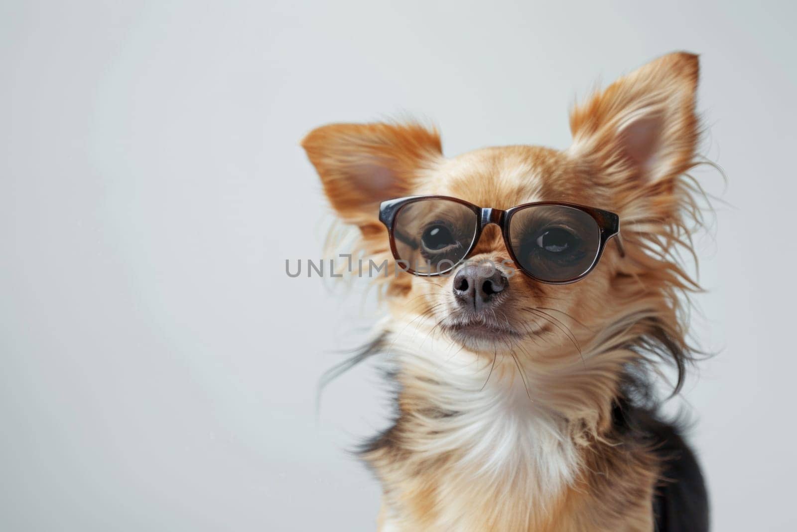 Studio shot of a smiling chihuahua dog win glasses isolated on white background with copy space.