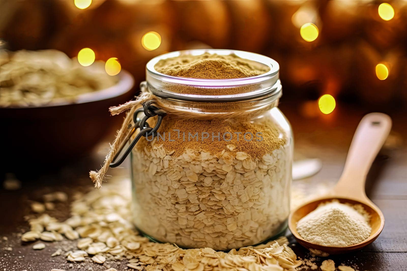 A jar of oatmeal is on a table with a spoon and a pile of oatmeal. The jar is half full and the oatmeal is scattered around it