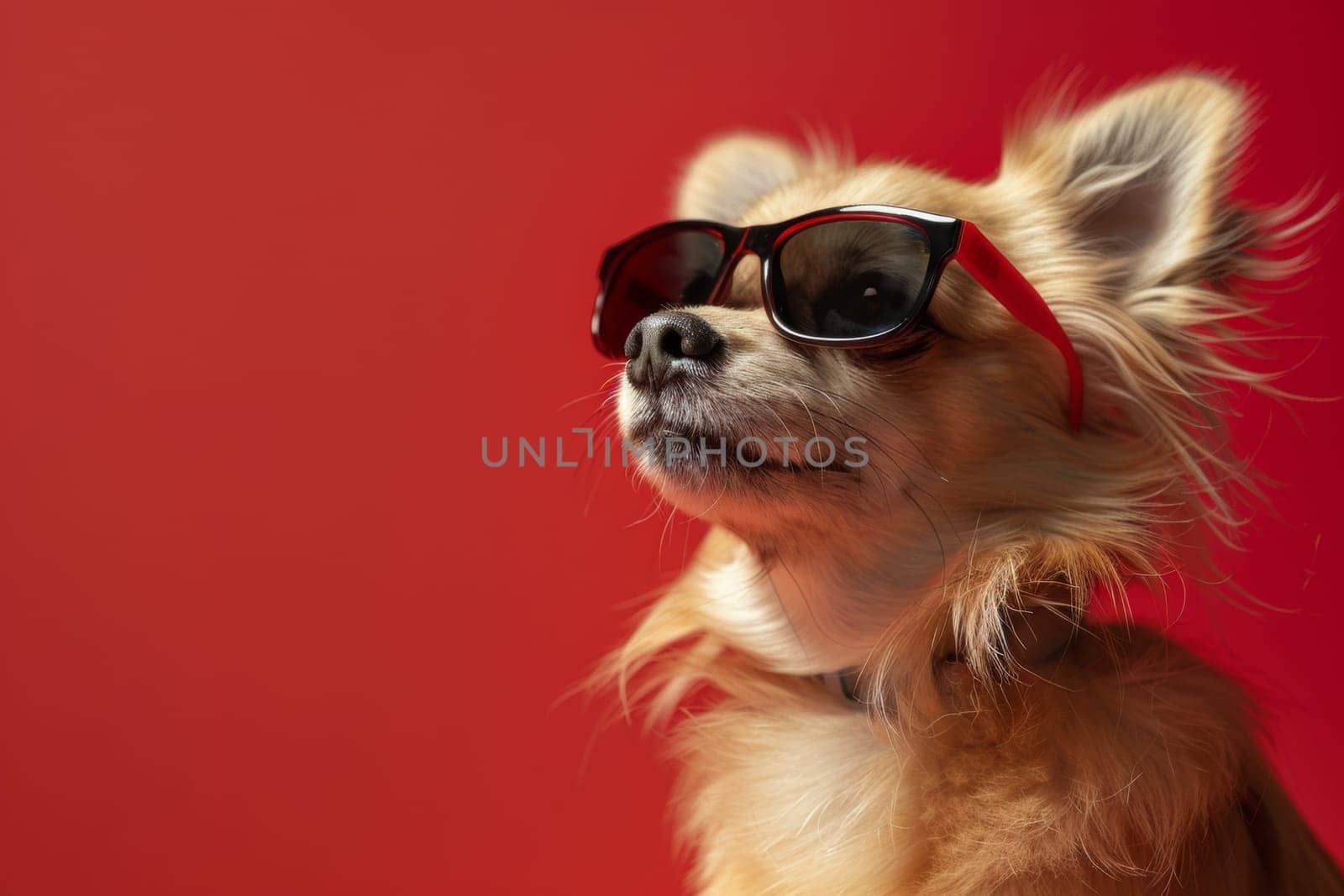 Studio shot of a smiling chihuahua dog win glasses isolated on red background with copy space.