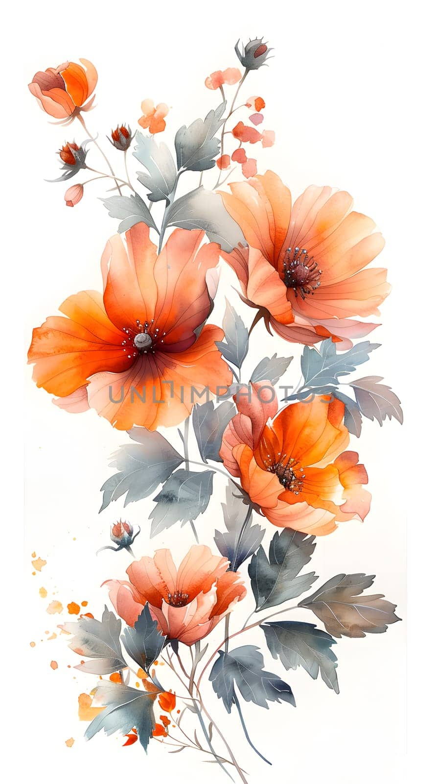 Watercolor painting of orange flowers and leaves on white background by Nadtochiy