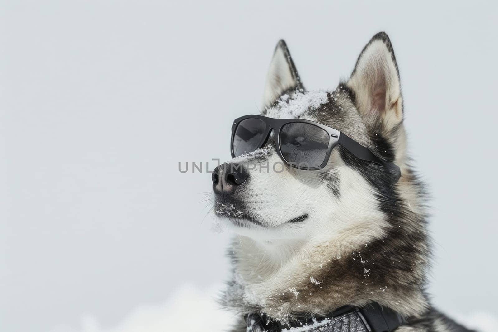 Headshot of a siberian Iditarod husky dog with glasses outdoors in cold hard weather by papatonic