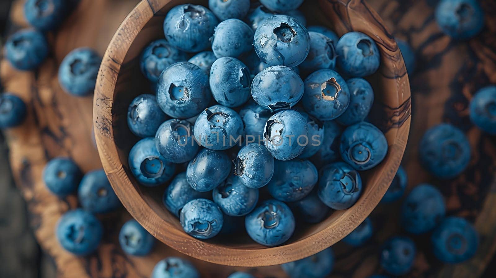 A wooden table is adorned with a wooden bowl overflowing with vibrant blueberries. The azure fruit, a seedless gift from nature, creates a beautiful display of natural foods