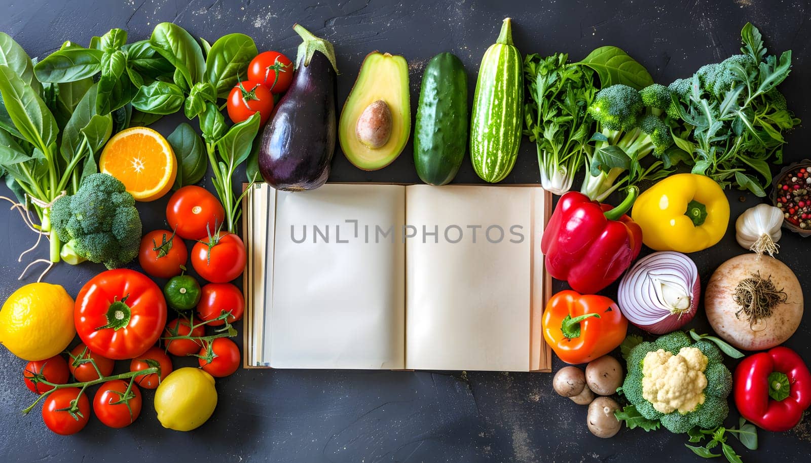 A variety of fruits and vegetables, including green bell peppers, are displayed around a book on a table. They are essential ingredients for wholesome recipes and are part of a balanced diet