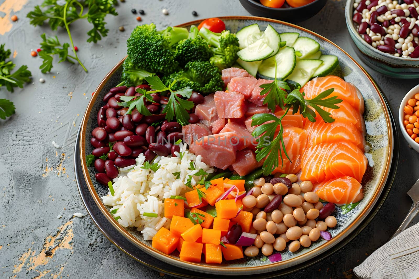 A delicious dish featuring salmon, beans, rice, and vegetables beautifully arranged on a plate atop a table