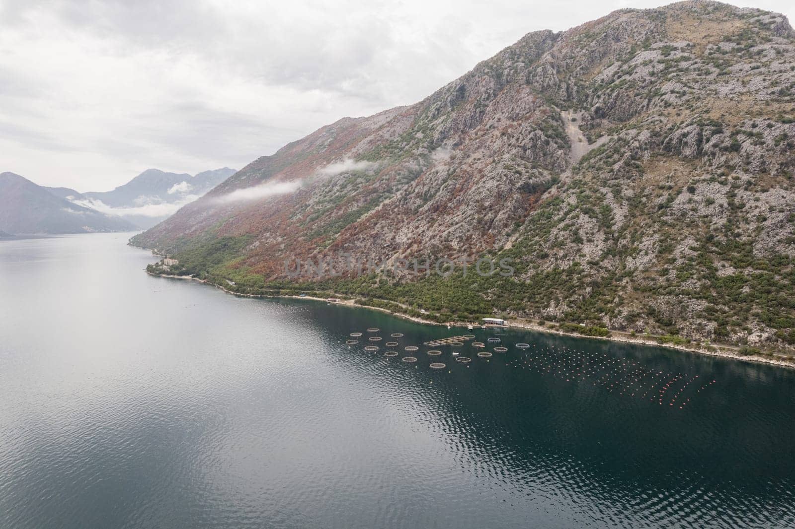 Fish farm in the blue sea at the foot of the misty mountains. Montenegro. Drone. High quality photo