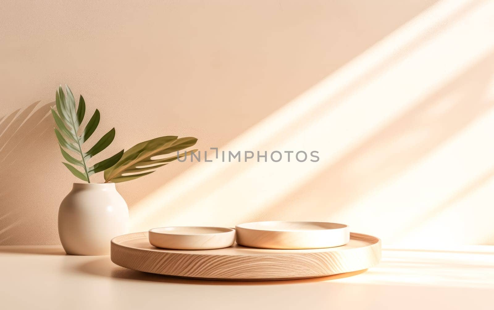 A white table with a wooden tray and three plates on it, creating a minimalist and stylish dining setup.