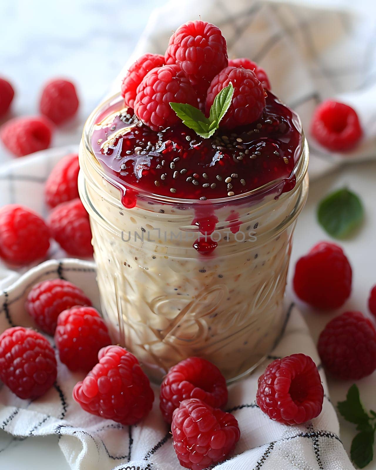 A nutritious jar of overnight oats featuring raspberries as a topping. This dish is a delicious blend of natural foods and ingredients, perfect for a healthy breakfast option