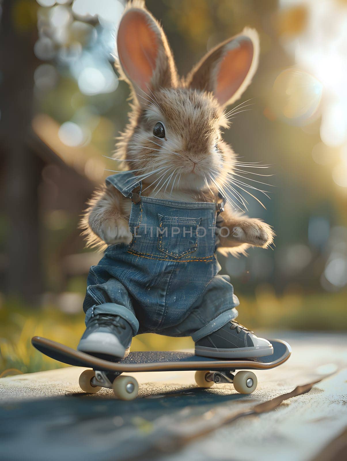 A Rabbit is rolling on a Skateboard deck across a wooden table, showcasing its skills as a Skateboarder in a natural material environment