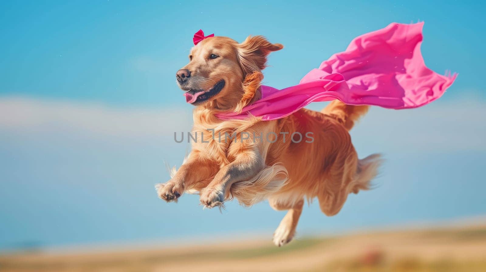 A dog is flying through the air with a pink cape on. The dog is wearing a pink crown and he is having fun