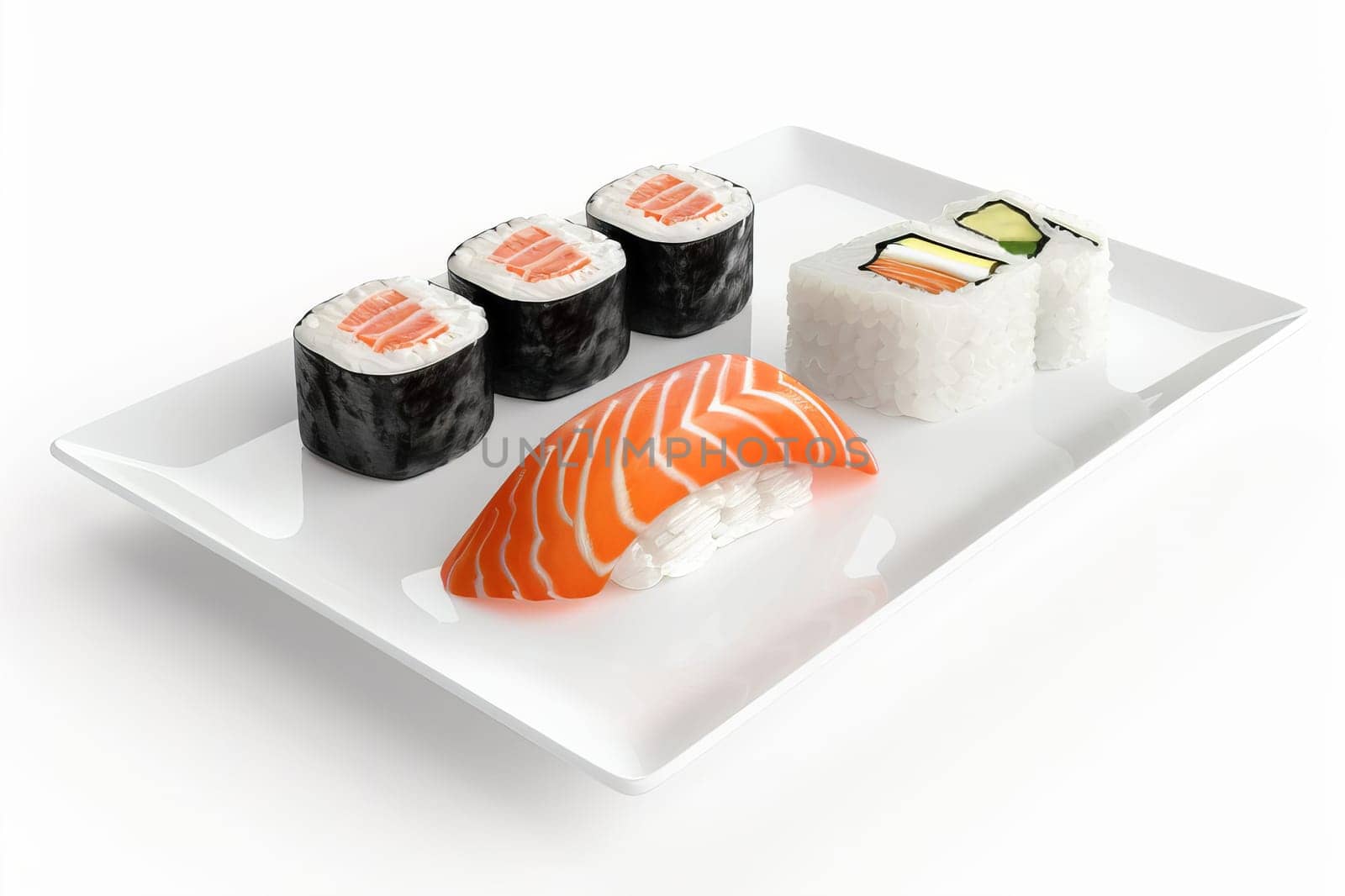 Several pieces of sushi on a white Japanese plate on a white background. Japanese food.