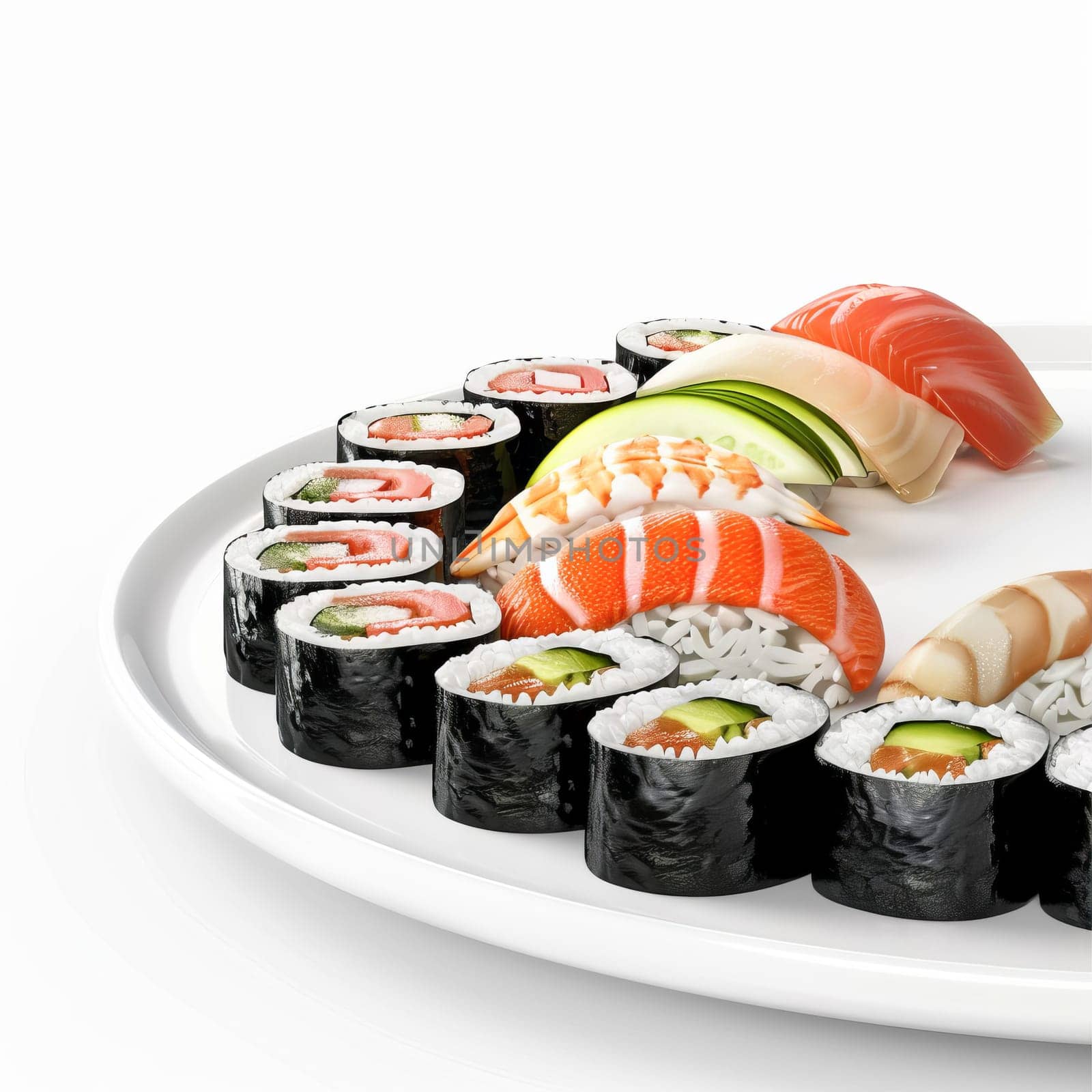 Several pieces of sushi on a white Japanese plate on a white background. Japanese food.