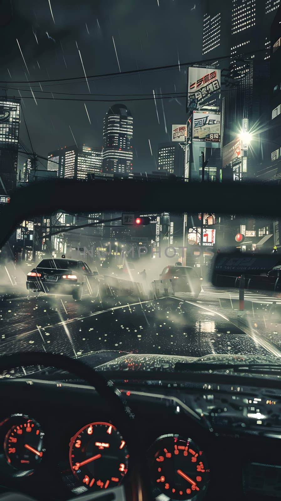 Vehicle with automotive lighting drives down wet city street at night by Nadtochiy