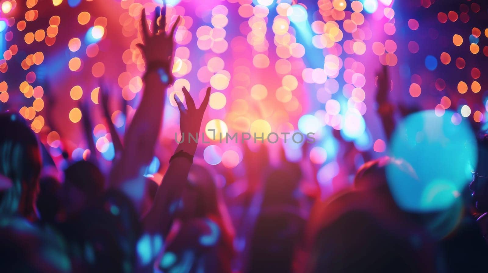A couple is dancing in a crowded room with bright lights and blurry background. Scene is lively and romantic