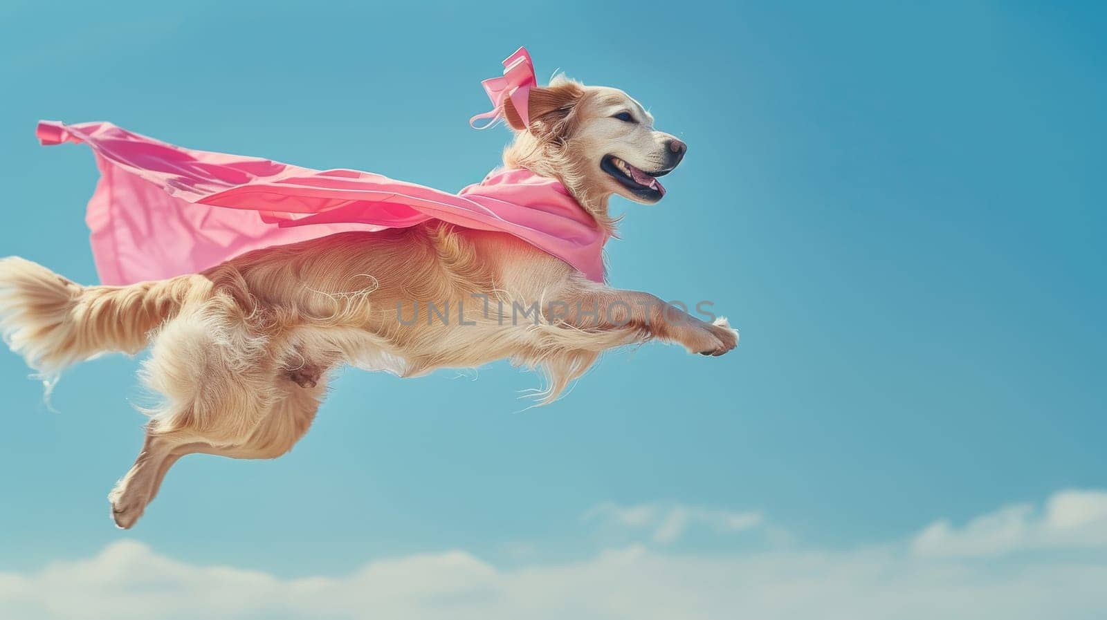 A dog is flying through the air with a pink cape on. The dog is wearing a pink crown and he is having fun
