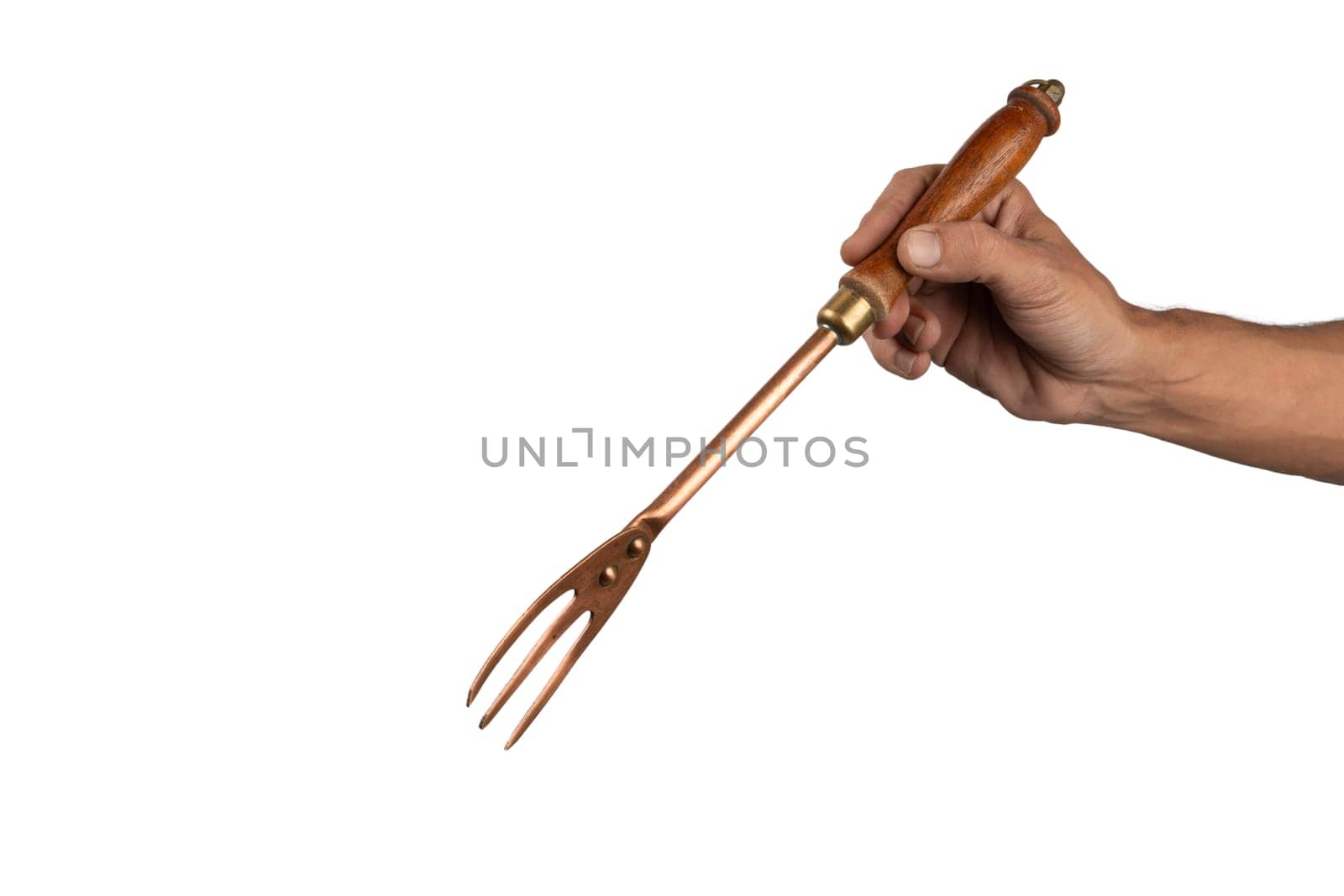 Black male hand holding a vintage brass meat fork on white background. High quality photo