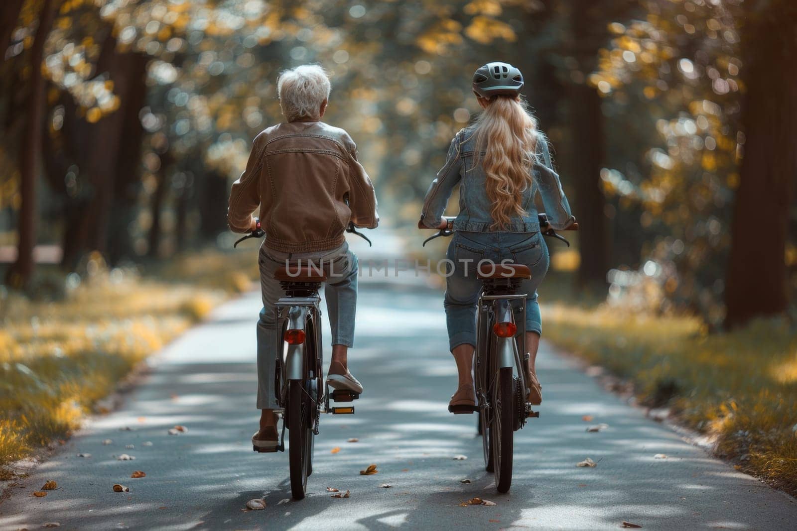 Two fun-loving seniors bike together in the fall to stay fit and healthy. Active elderly couple on bicycles.