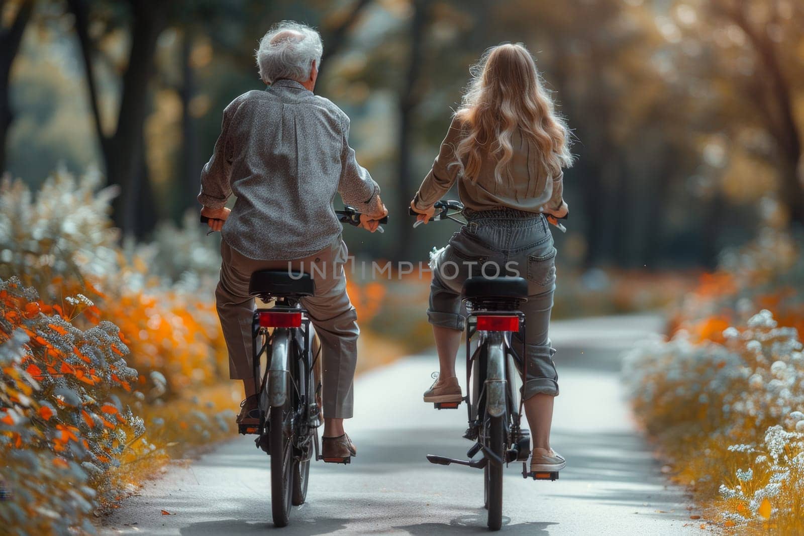 Two fun-loving seniors bike together in the fall to stay fit and healthy. Active elderly couple on bicycles.