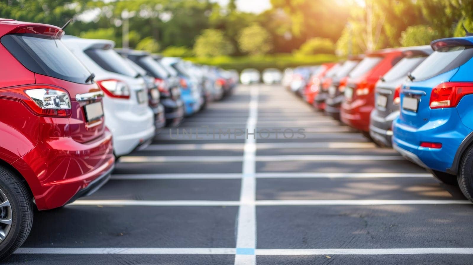 A vibrant array of cars in various hues are displayed at a car dealership as the sun sets, creating a visually striking scene