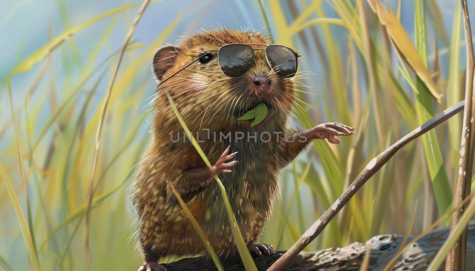 A small brown mouse wearing glasses is swimming in a pool by AI generated image by wichayada