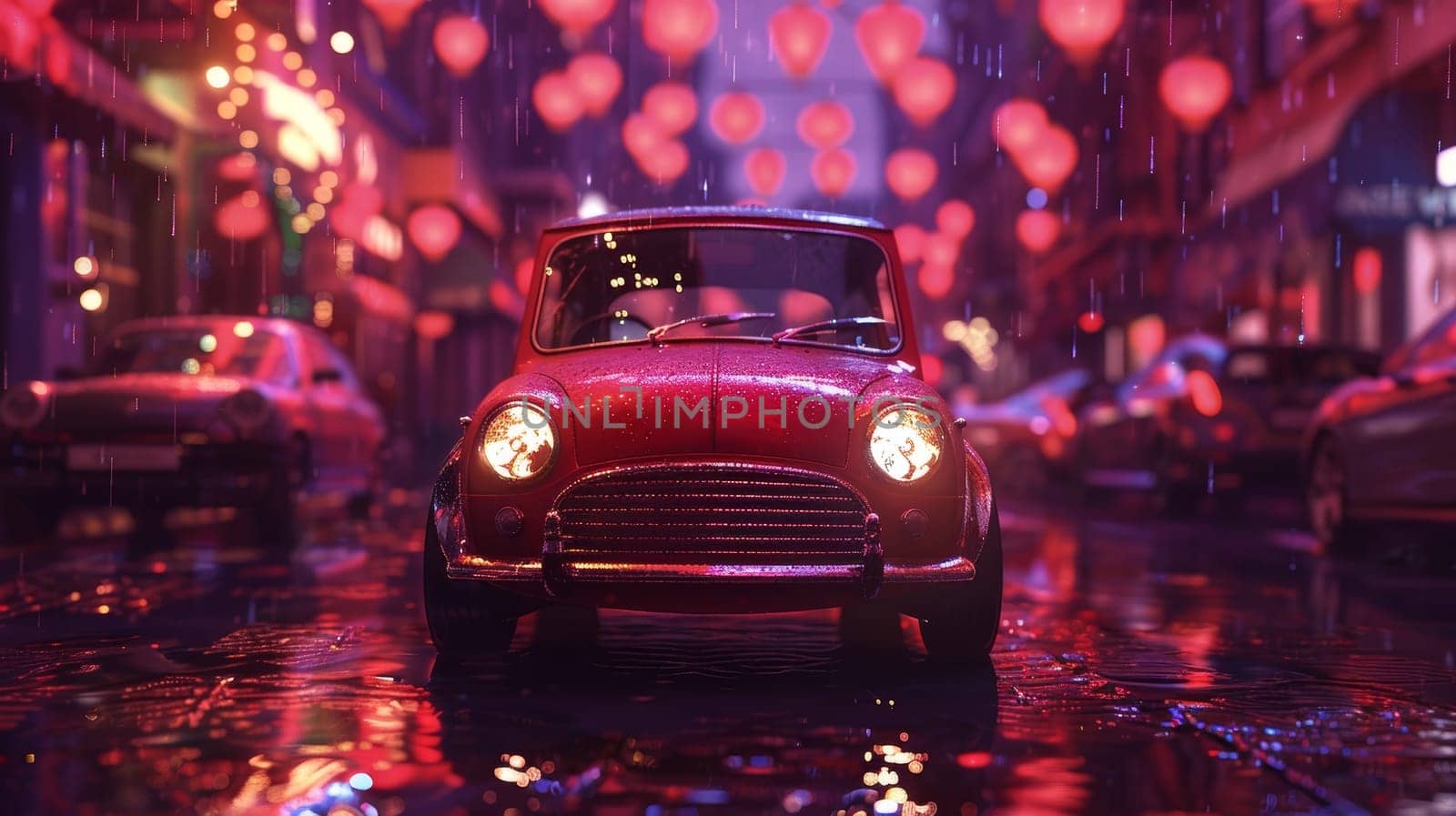 A vibrant red vintage car navigates through a rainy city street at night, surrounded by a dazzling display of multicolored holiday lights that reflect off the wet pavement. by sfinks